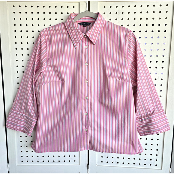 Lands End Pink Striped Oxford Shirt Button Front 3/4 Sleeve Womens SIZE 14 P - Picture 1 of 8